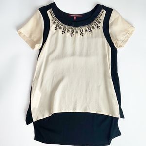 COMPTOIR DES CONTONNIERS 100% Silk Scoop Neck Hi-Low Short Sleeve Beaded Blouse